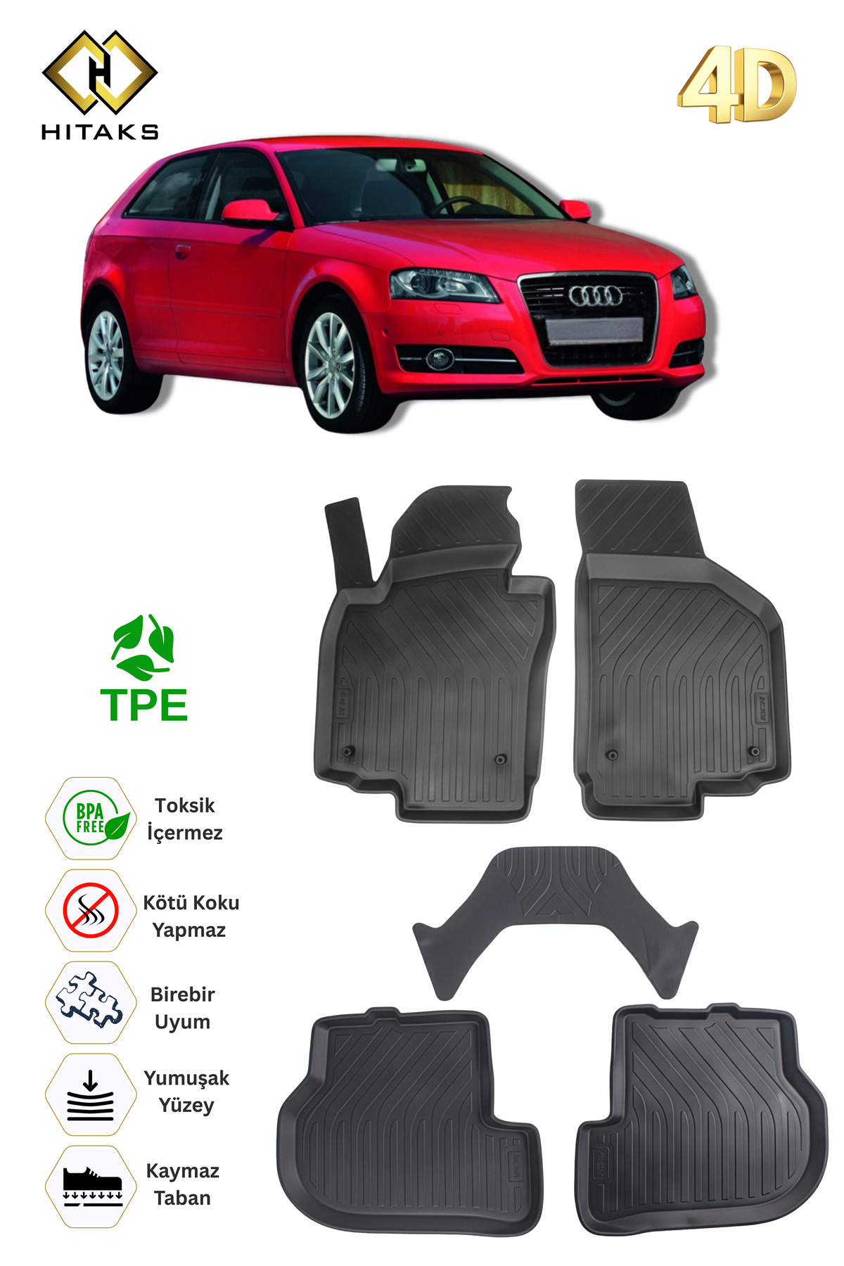 Hitaks Audi A3 Paspas 2004 2012 Arası Uyumlu 4D Araca Özel Havuzlu Paspas