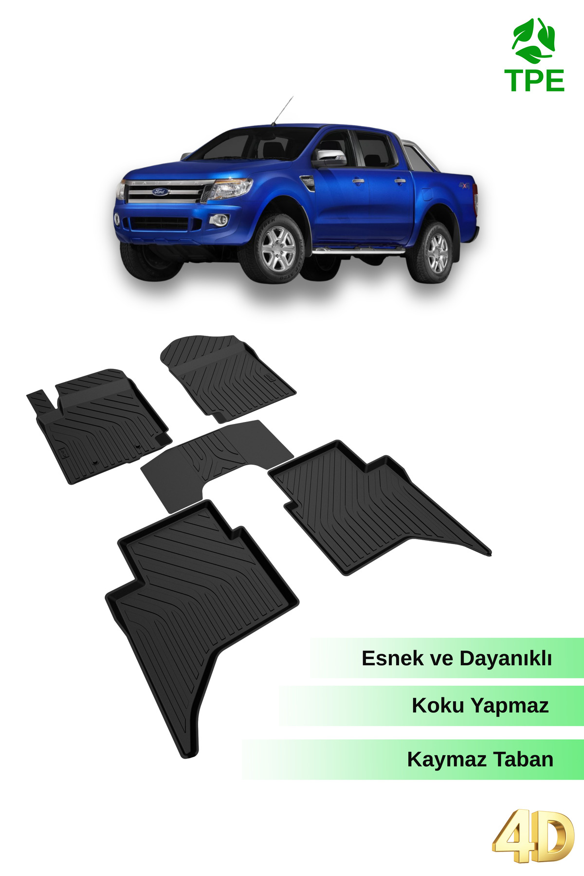 Hitaks Ford Ranger 2013-2022 Uyumlu 4D Araca Özel Havuzlu Oto Paspas