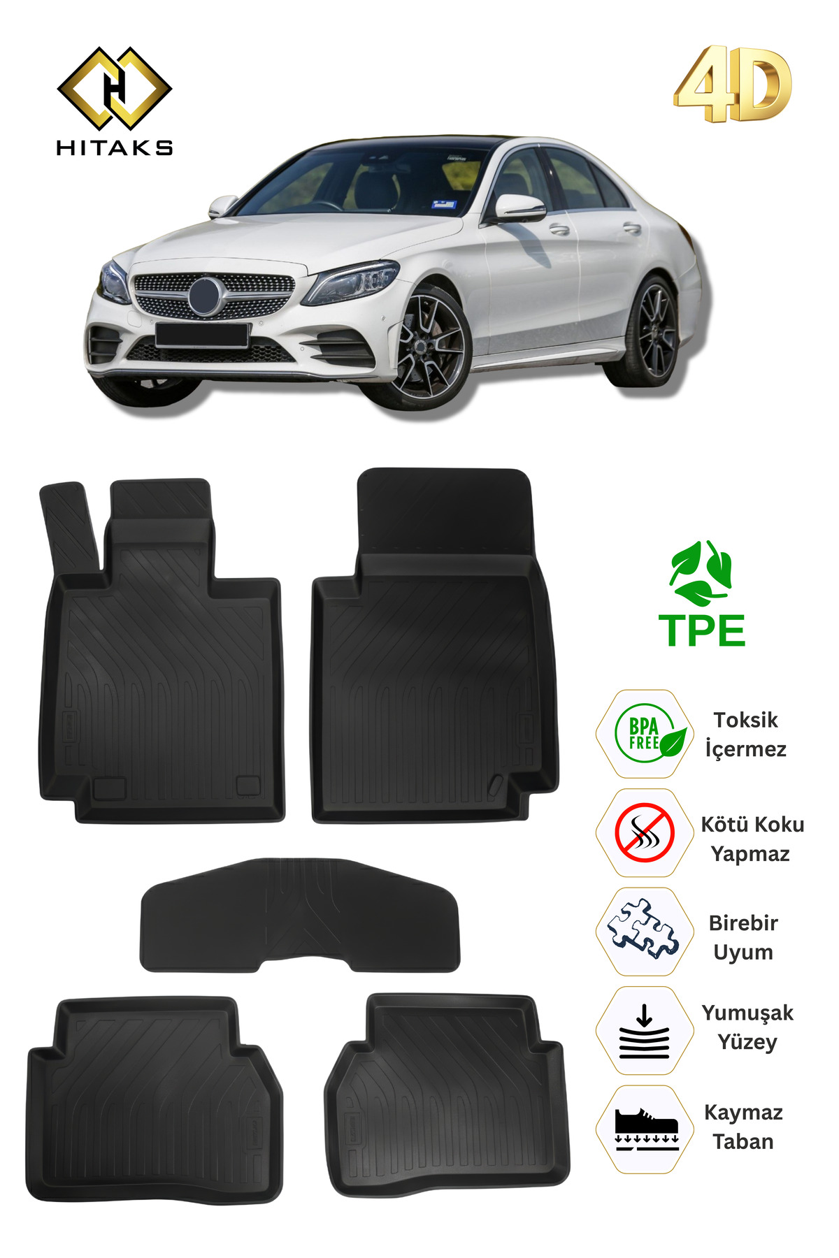 Hitaks Mercedes C Serisi W205 Paspas 2015-2021 Uyumlu Havuzlu 4D Araca Özel Oto Paspas