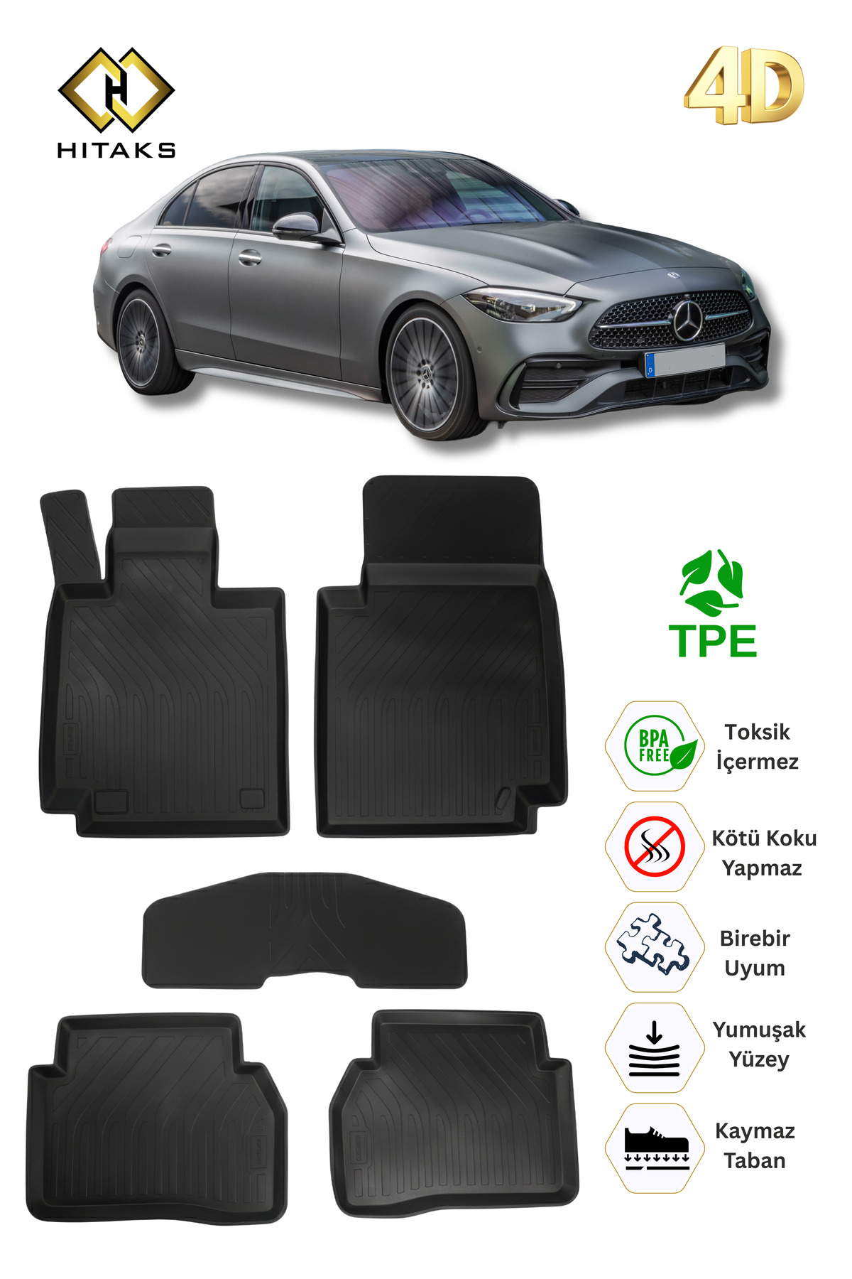 Hitaks Mercedes C Serisi W206 Paspas 2022+ Sonrası Uyumlu Araca Özel 4D Havuzlu Paspas