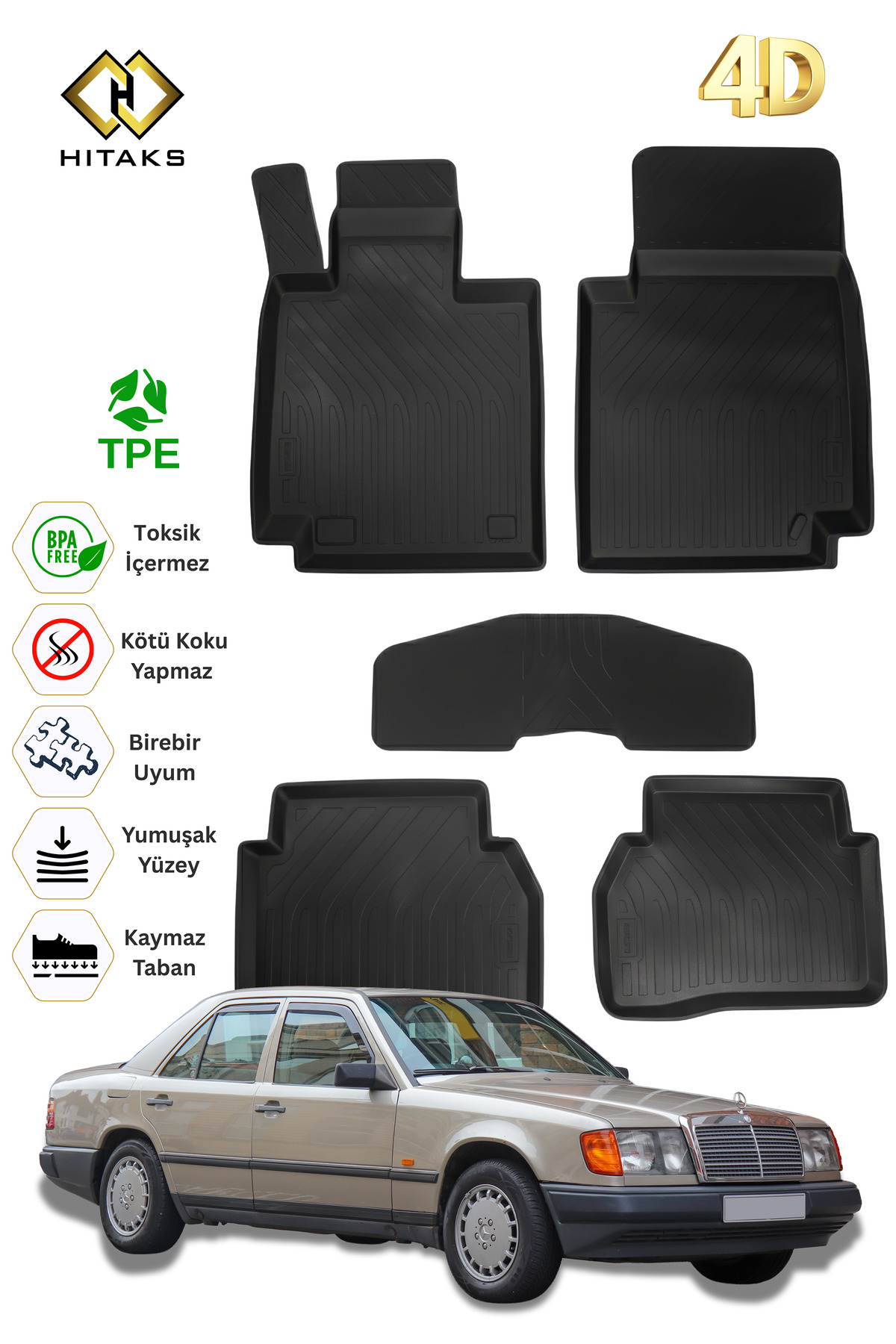 Hitaks Mercedes E Serisi W124 Paspas Araca Özel 1984-1995 Arası Uyumlu Havuzlu 4D Oto Paspas