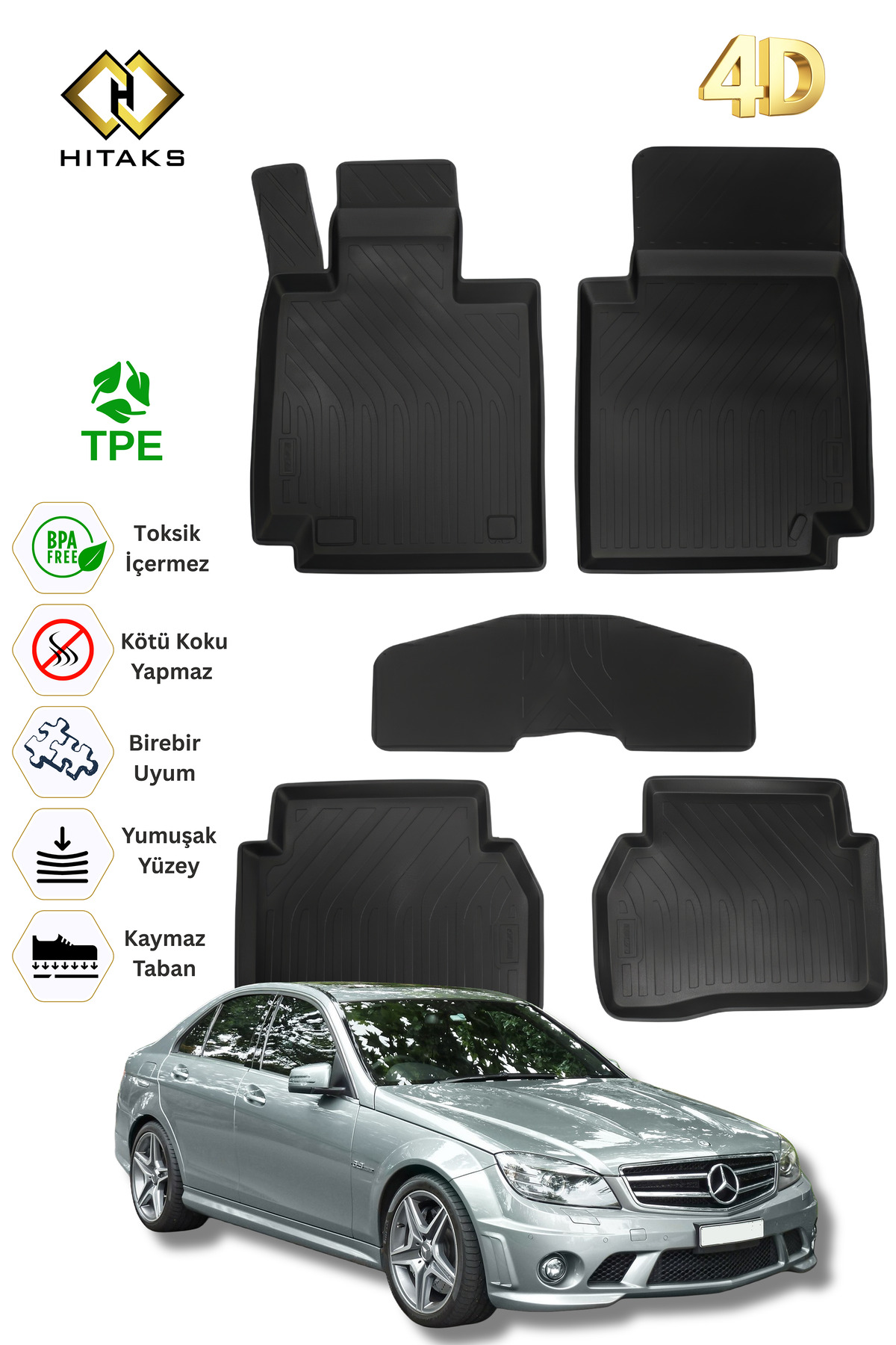 Hitaks Mercedes C Serisi W-204 Paspas 2007-2014 Uyumlu 4D Havuzlu Araca Özel Oto Paspas