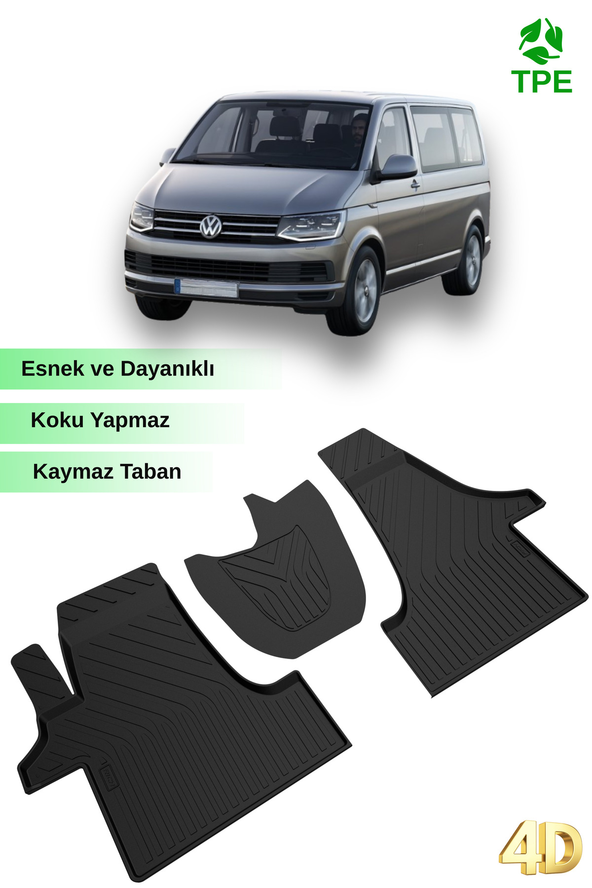 Hitaks VW Transporter T6 - T7 Paspas 2015-2023 Uyumlu Ön 3 Parça 4D Havuzlu Kauçuk Oto Paspas