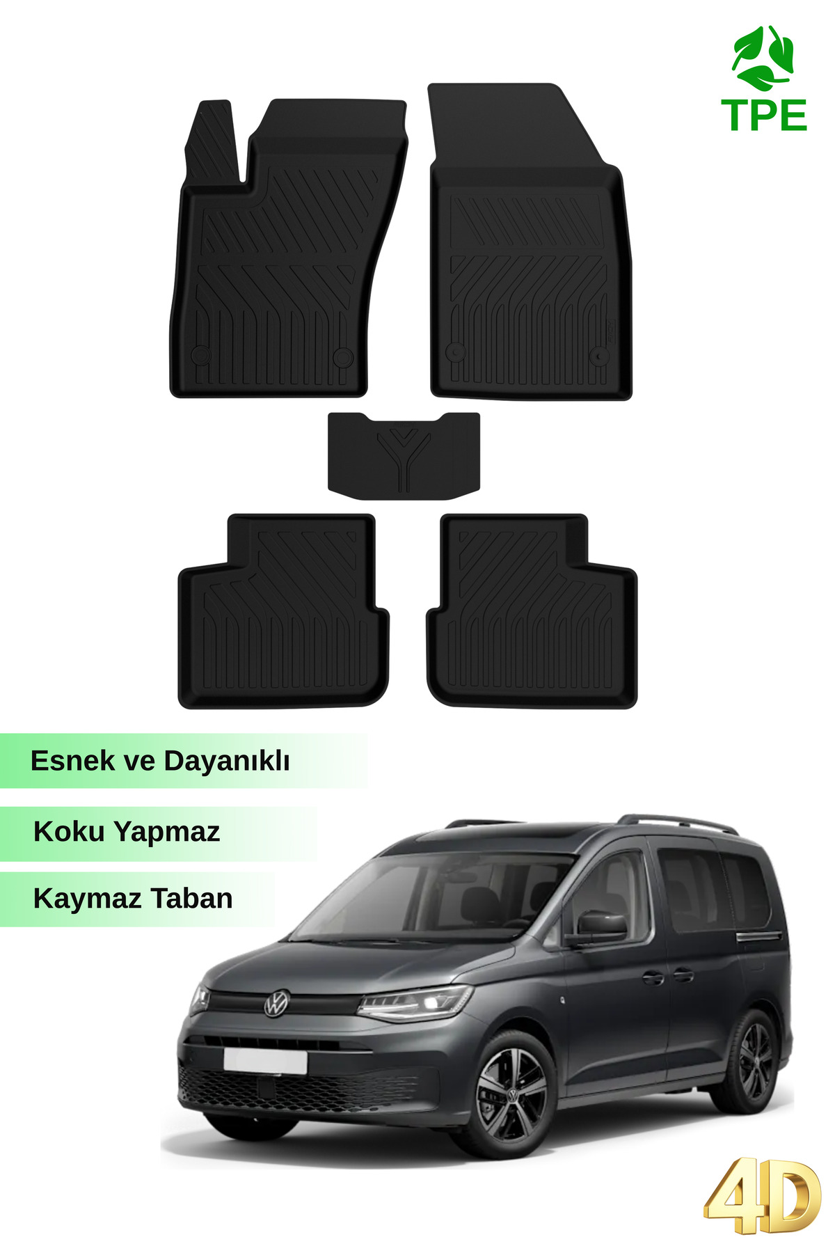 Hitaks VW Caddy 5 Paspas 2021+ Uyumlu Siyah 4D Havuzlu Oto Paspas
